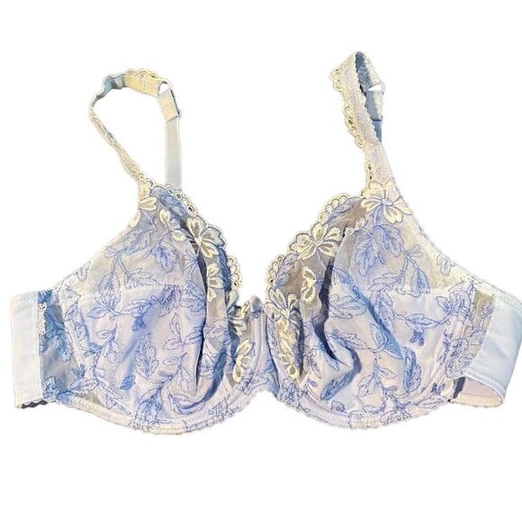 Chantelle- UnLined Lace Full Coverage Bra Ice Blue Floral Embroidered, Size 42D - Picture 1 of 11